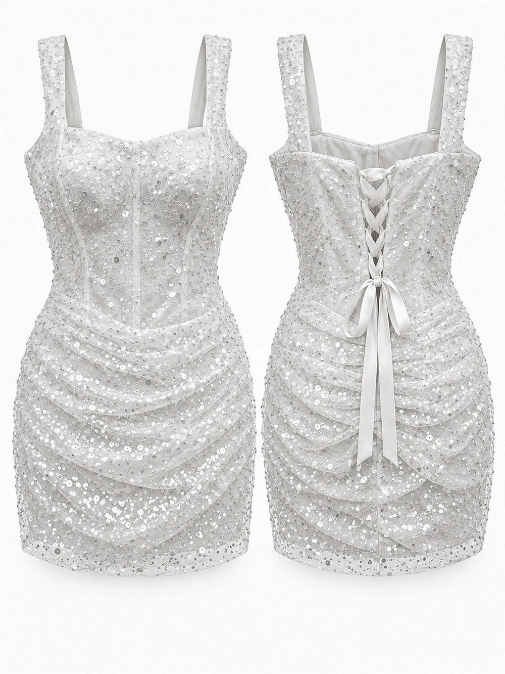 Keep Glowing White Sequin Lace-Up Bodycon Mini Dress Mini Dress
